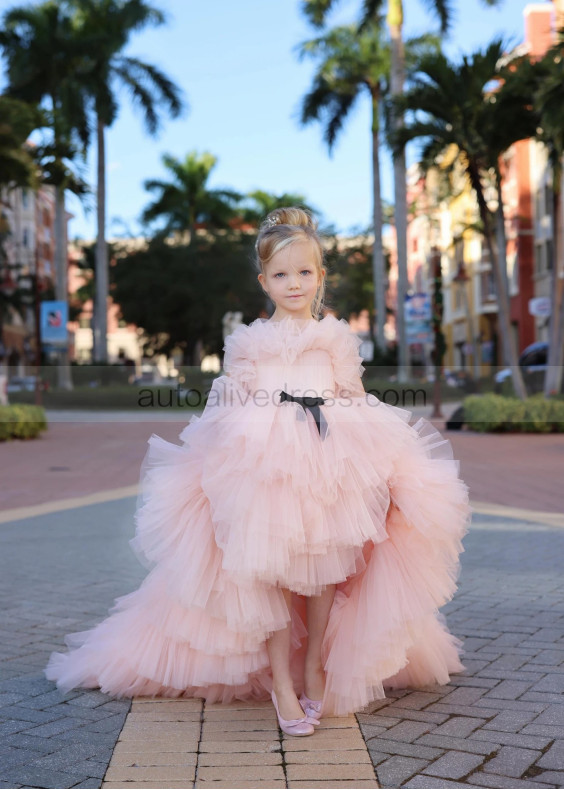 Pink Tulle Ruffled High Low Flower Girl Dress With Removable Train